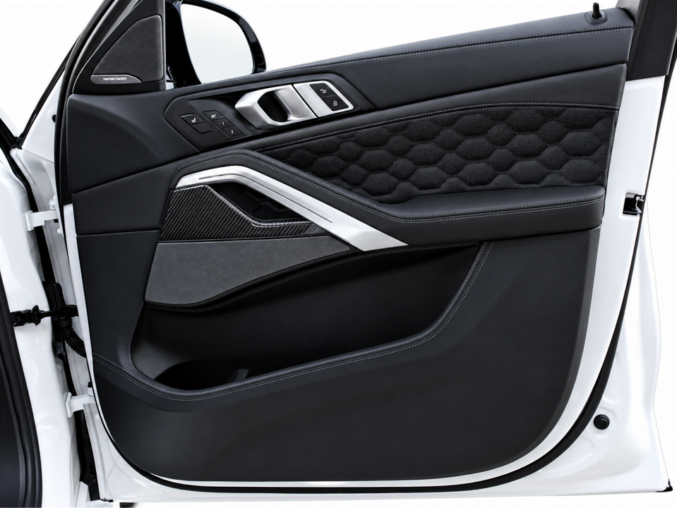 BMW X7 G07 interior PPF coverage of the door card trim, protecting against scratches, fingerprints and dust on the piano black or carbon fibre trim.