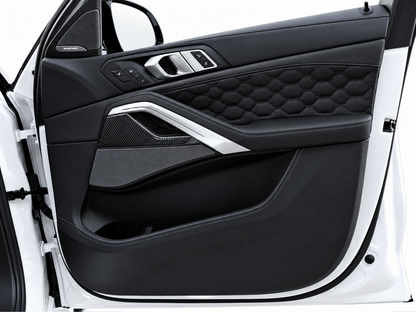 BMW X7 G07 interior PPF coverage of the door card trim, protecting against scratches, fingerprints and dust on the piano black or carbon fibre trim.