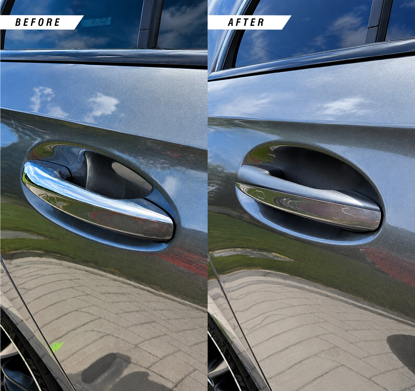 A side by side before and after comparison of a Mercedes-Benz door handle gloss black dechrome sticker. The before shows the original chrome door handle and the after shows the door handle dechromed.