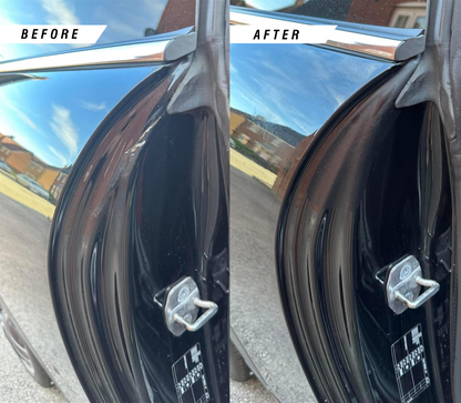 MINI Cooper Door Shut Damage before and after application of the Tetured Black Door Shut protection film kit. 