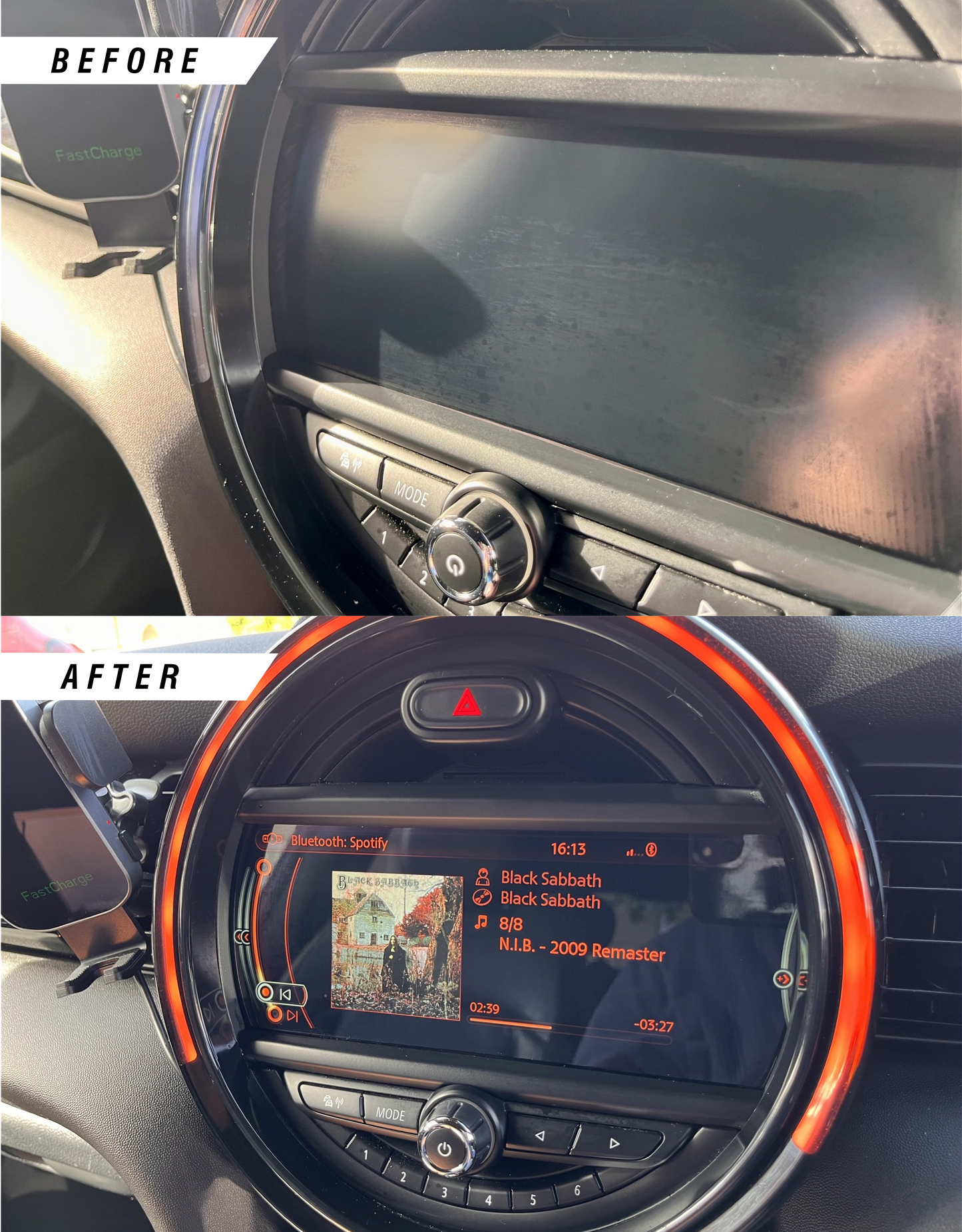 MINI Cooper navigation media screen protector damage scratches fix, before & after.