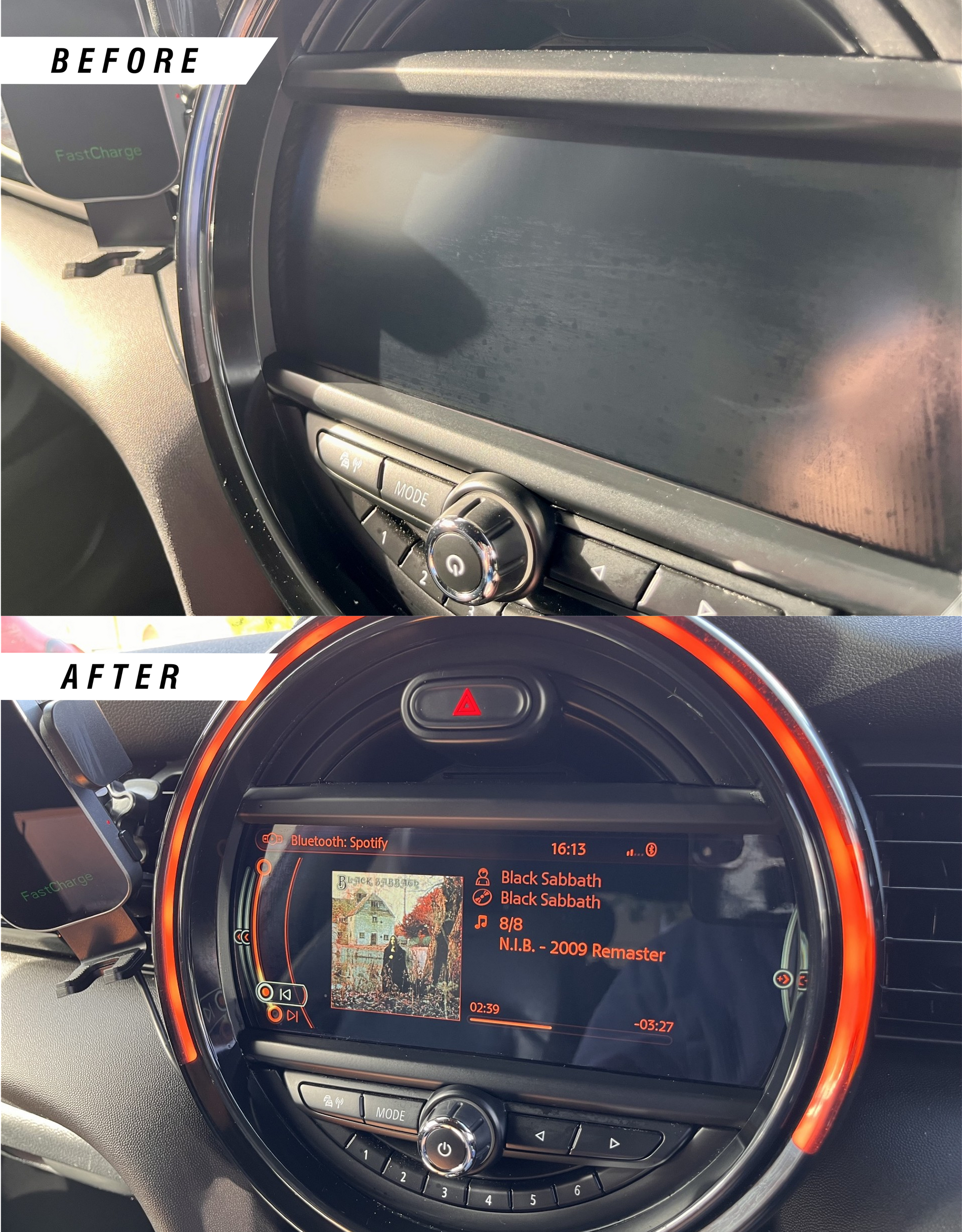 MINI Cooper navigation media screen protector damage scratches fix, before & after.