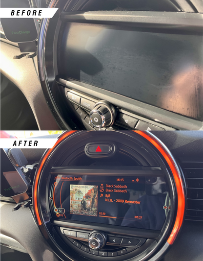MINI Cooper navigation media screen protector damage scratches fix, before & after.