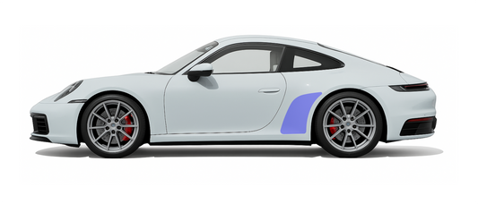 Side profile of Porsche 911 992 Carrera illustrating OEM coverage of a rear quarter premium self healing PPF kit.