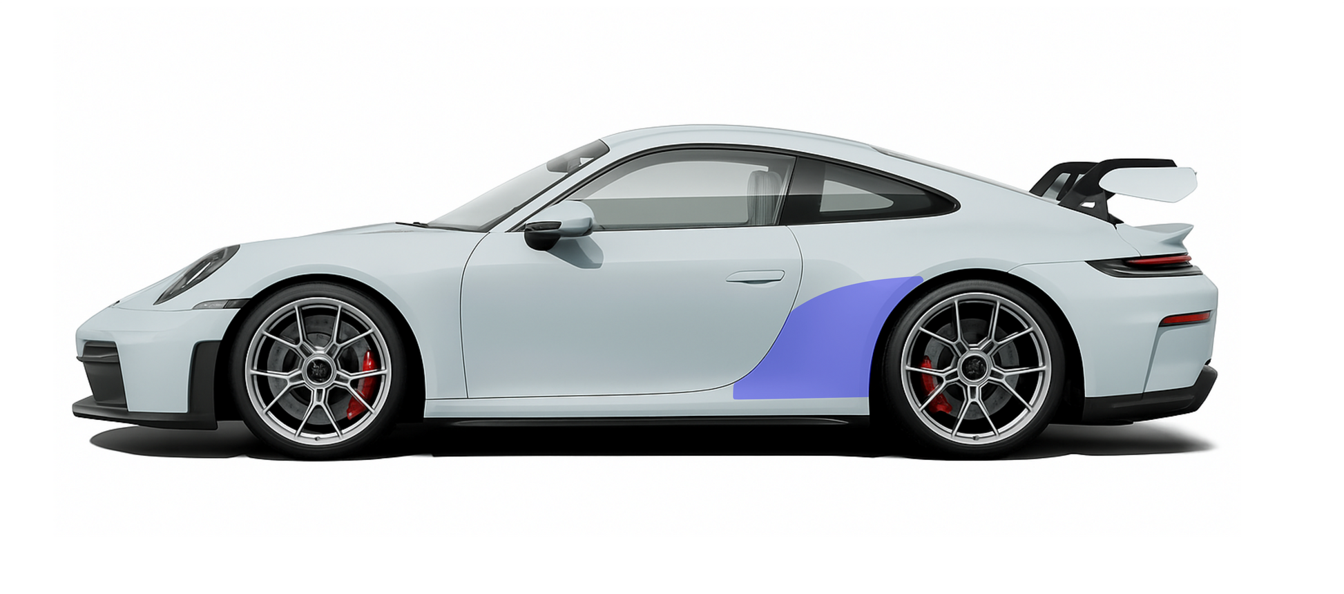 Side profile coverage of Porsche 911 992 GT3 & GT3RS extended coverage rear quarter premium self healing PPF kit.
