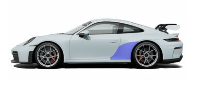 Side profile coverage of Porsche 911 992 GT3 & GT3RS extended coverage rear quarter premium self healing PPF kit.