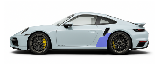 Side profile coverage of Porsche 911 992 Turbo OEM rear quarter premium self healing PPF kit.