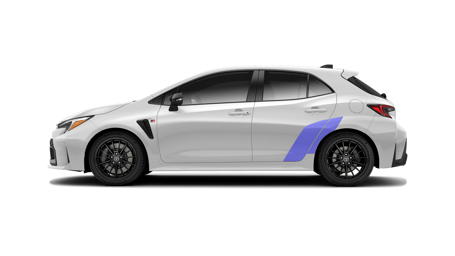 A Toyota Corolla GR vehicle with a large rear door and quarter arch paint protection film kit applied on the driver's side.