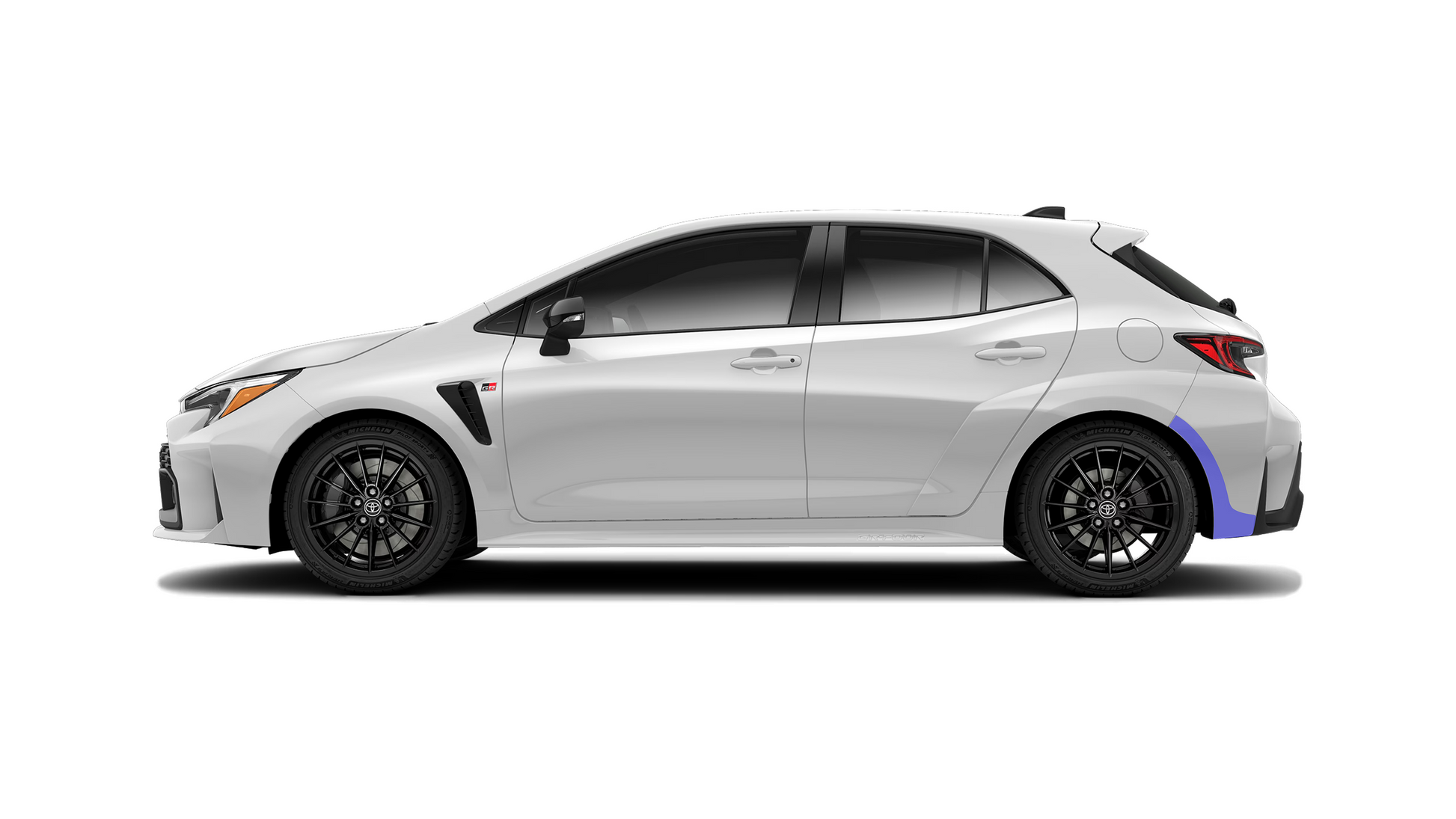 Illustration of a white Toyota Corolla GR car with blue highlighted areas indicating the coverage of the rear wheel / bumper arch paint protection film.