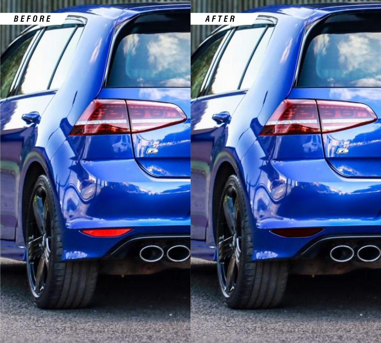 VW Golf R MK7 before & after of rear reflector tint overlay stickers vinyl in dark.