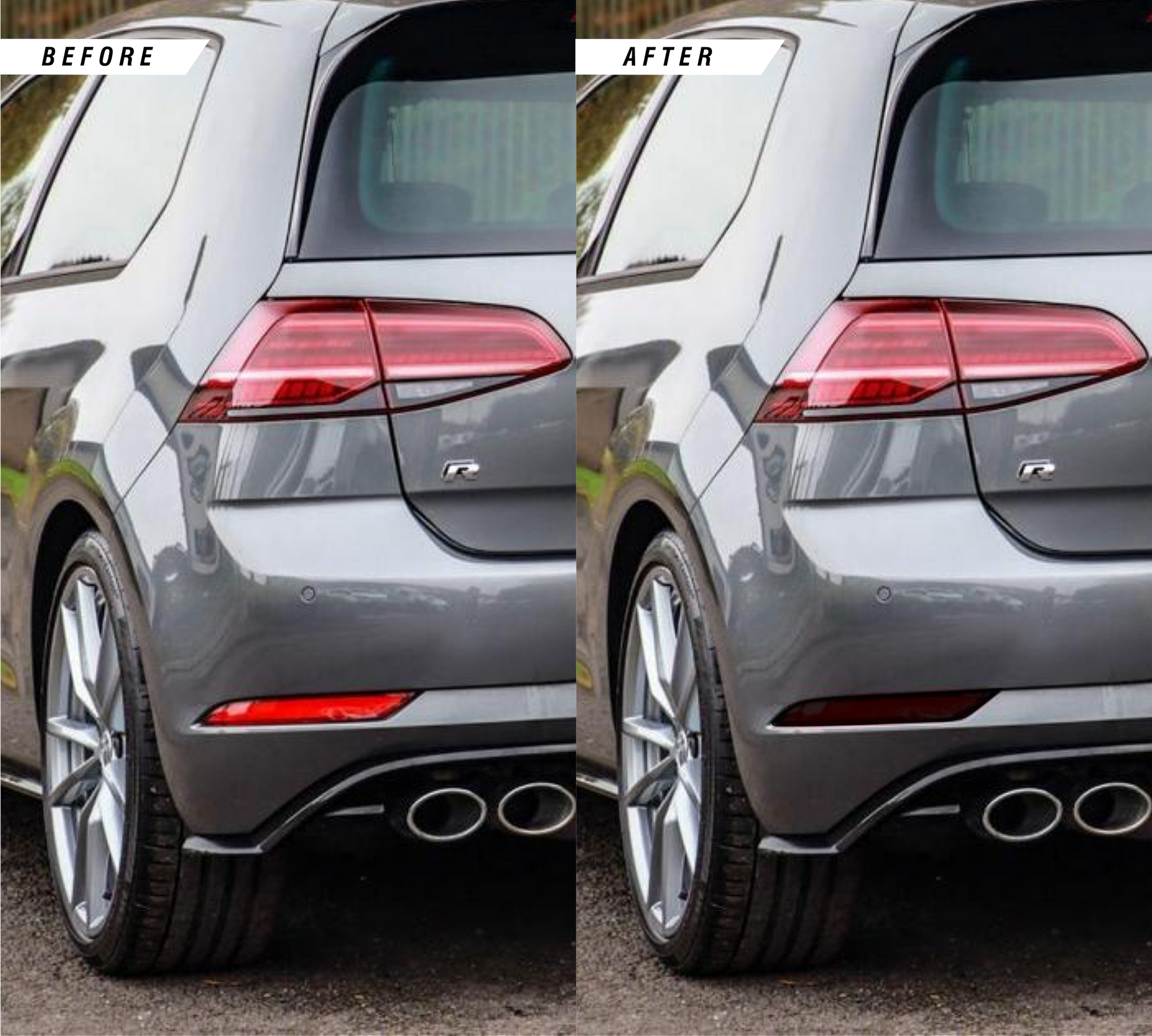 VW Golf R MK7.5 before & after of rear reflector tint overlay stickers vinyl in dark.
