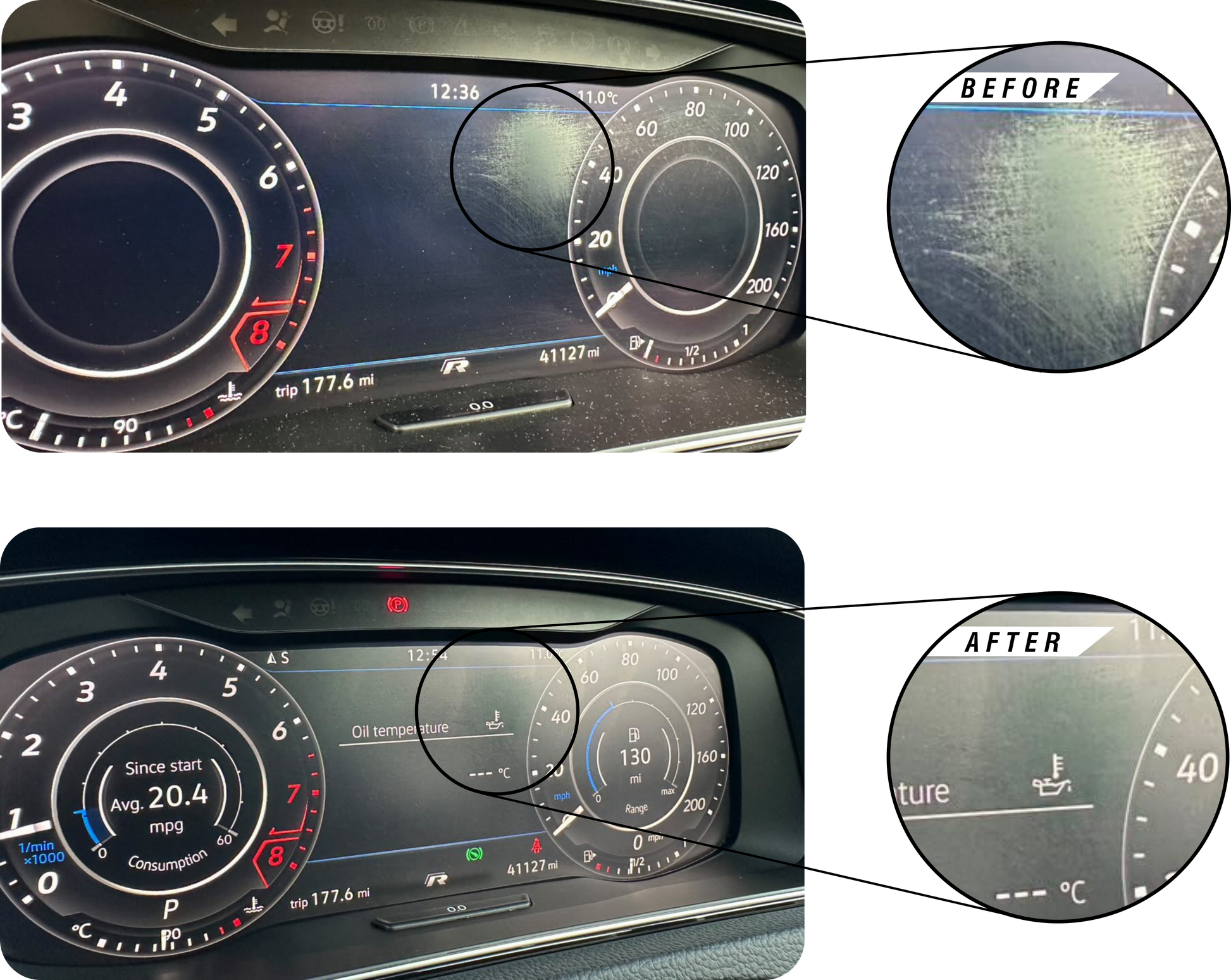 Volkswagen Golf  MK7.5 Digital Instrument Cluster Virtual Cockpit Screen Protection Film Kit before and asfter installation. 