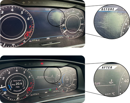 Volkswagen Golf  MK7.5 Digital Instrument Cluster Virtual Cockpit Screen Protection Film Kit before and asfter installation. 