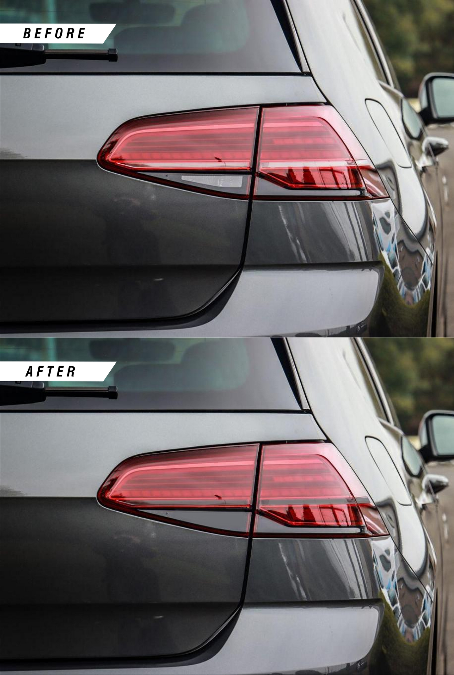 VW Golf R MK7.5 before & after of rear reverse indicator tinted overlay stickers finished in medium PPF tint.