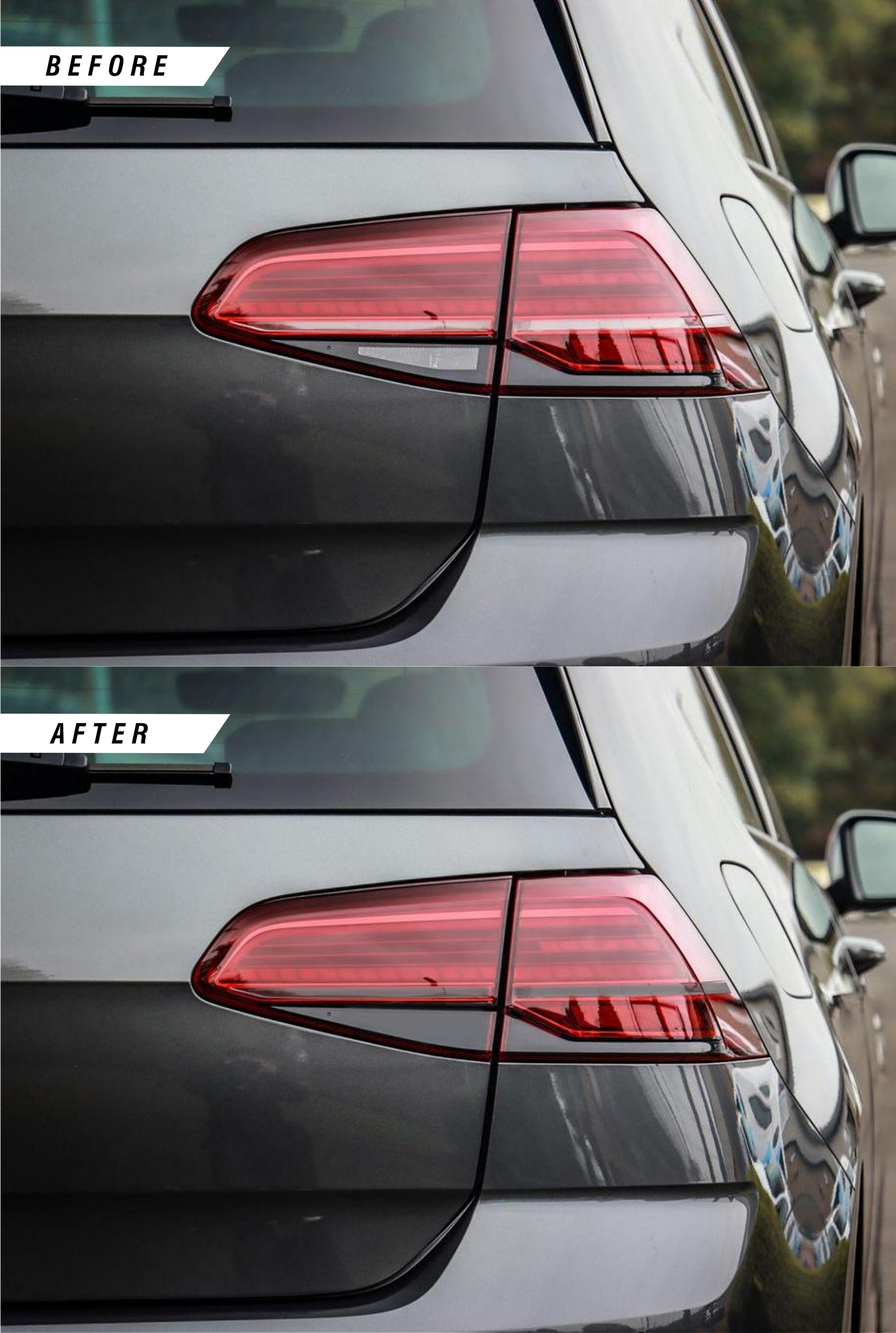 VW Golf R MK7.5 before & after of rear reverse indicator tinted overlay stickers finished in medium PPF tint.