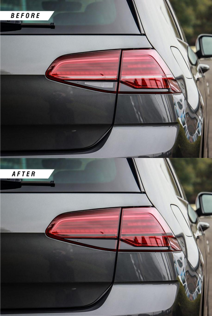 VW Golf R MK7.5 before & after of rear reverse indicator tinted overlay stickers finished in medium PPF tint.