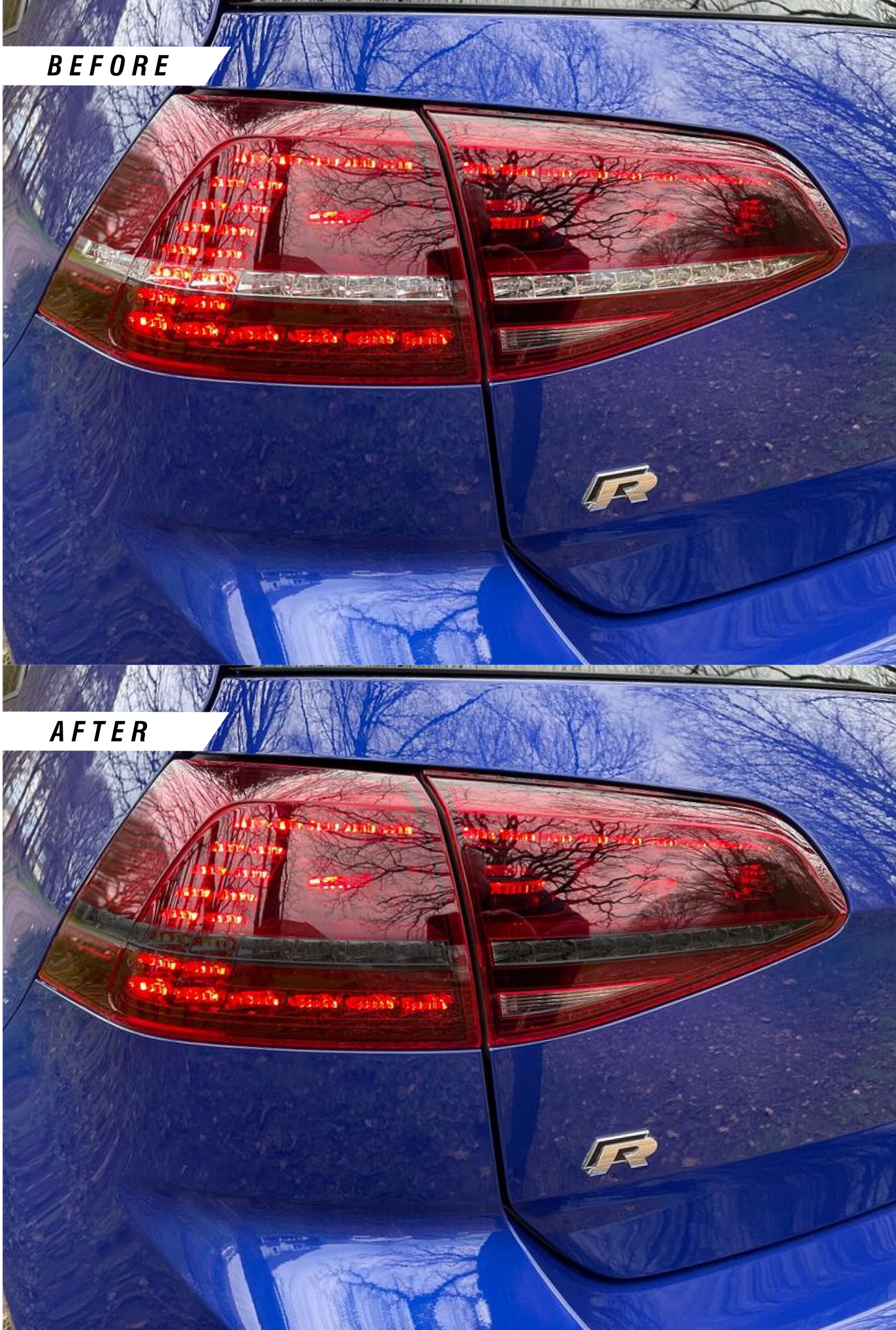 VW Golf R MK7 before & after of rear reverse indicator tinted overlay stickers finished in medium PPF tint.