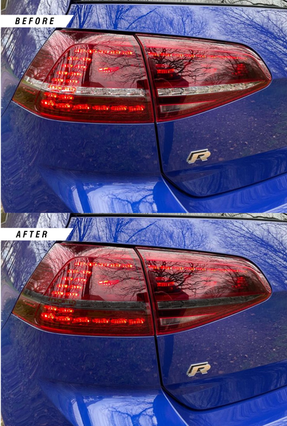 VW Golf R MK7 before & after of rear reverse indicator tinted overlay stickers finished in medium PPF tint.