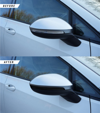 VW Golf MK8 and MK8.5 wing mirror indicator tinted overlays in dark tint before and after.