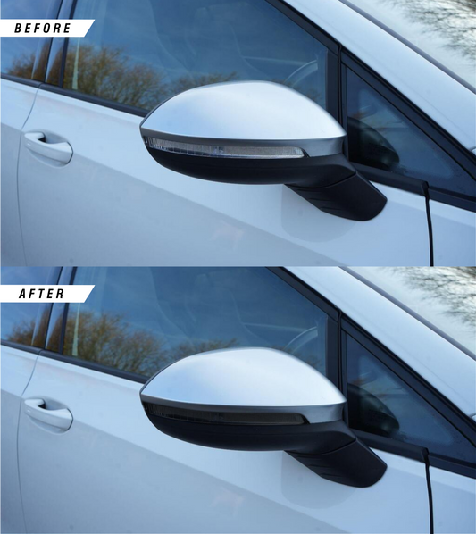 VW Golf MK8 and MK8.5 wing mirror indicator tinted overlays in medium tint before and after.