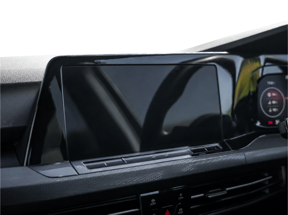 VW Golf MK8 GTI, R, GTD navigation and media screen protector coverage area.