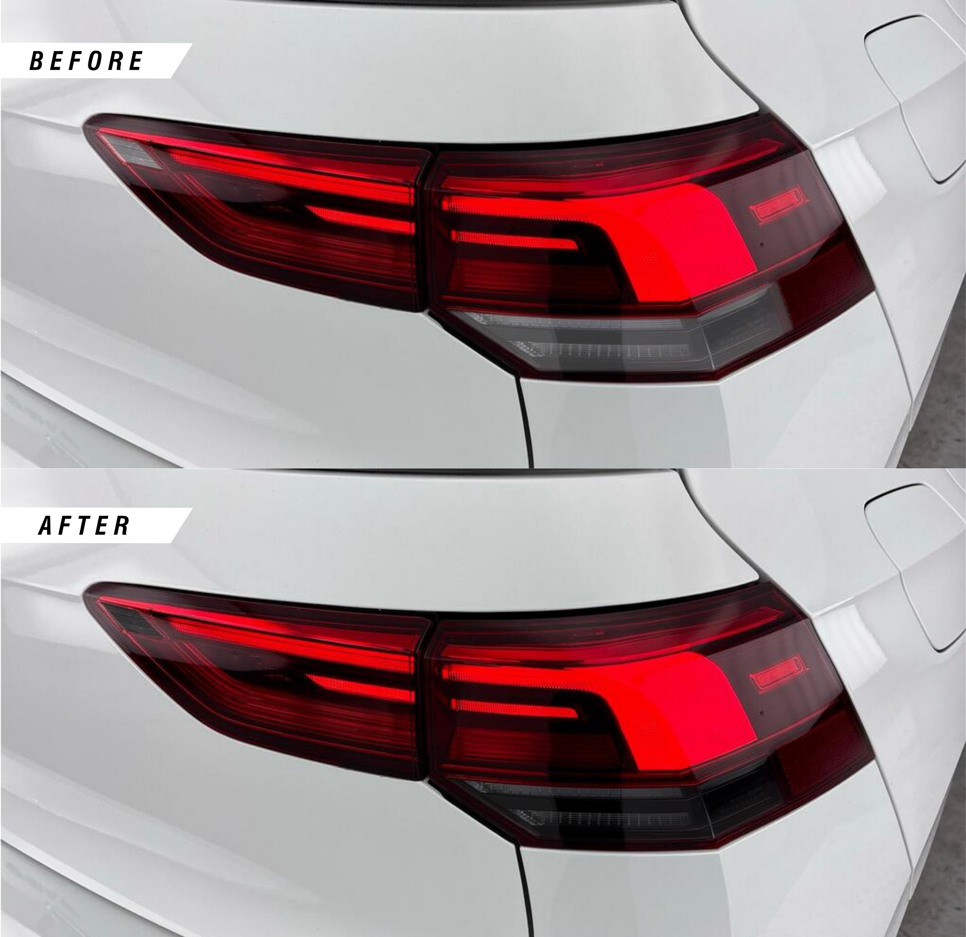 VW Golf MK8 reverse rear light tinted overlays in medium tint before and after on a USA spec car.