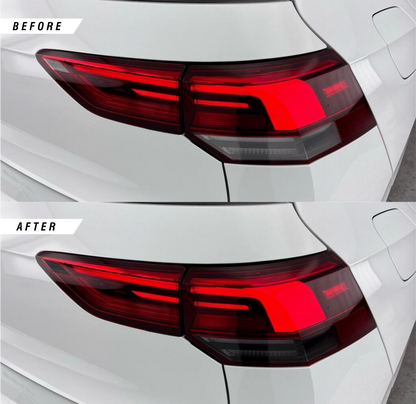 VW Golf MK8 reverse rear light tinted overlays in medium tint before and after on a USA spec car.