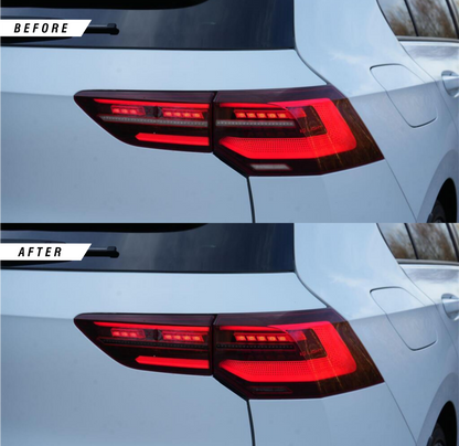 VW Golf MK8 reverse rear light tinted overlays in medium tint before and after.