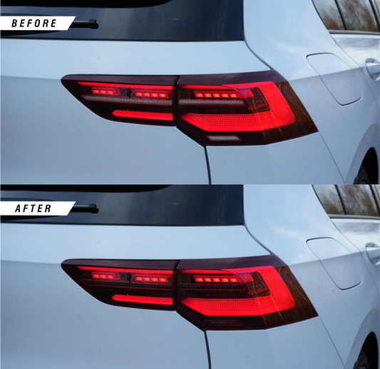 VW Golf MK8 reverse rear light tinted overlays in medium tint before and after.