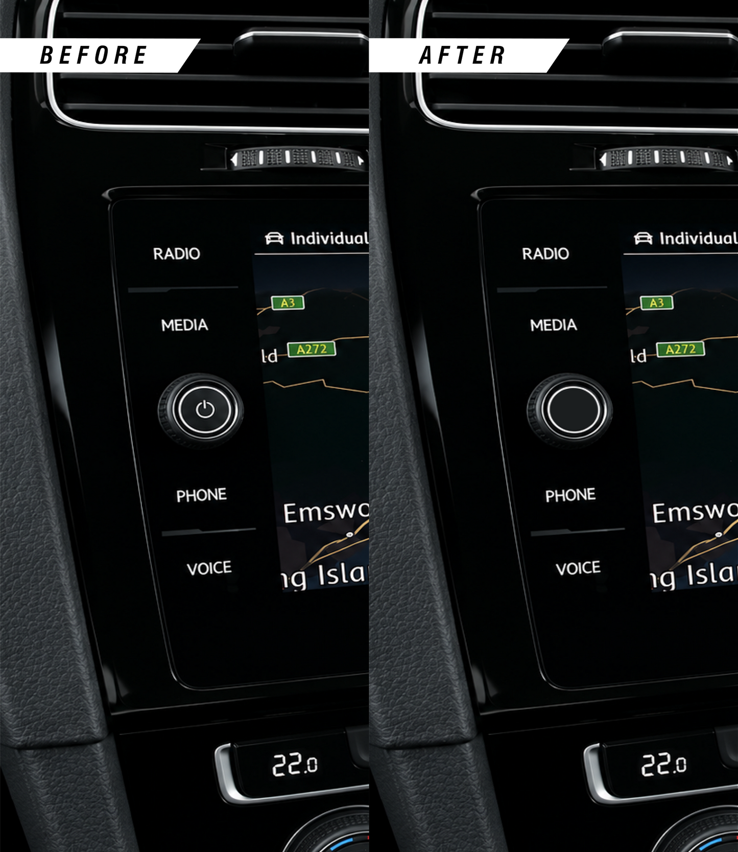 VW, Skoda & Seat media screen power button removal overlay sticker before & after.