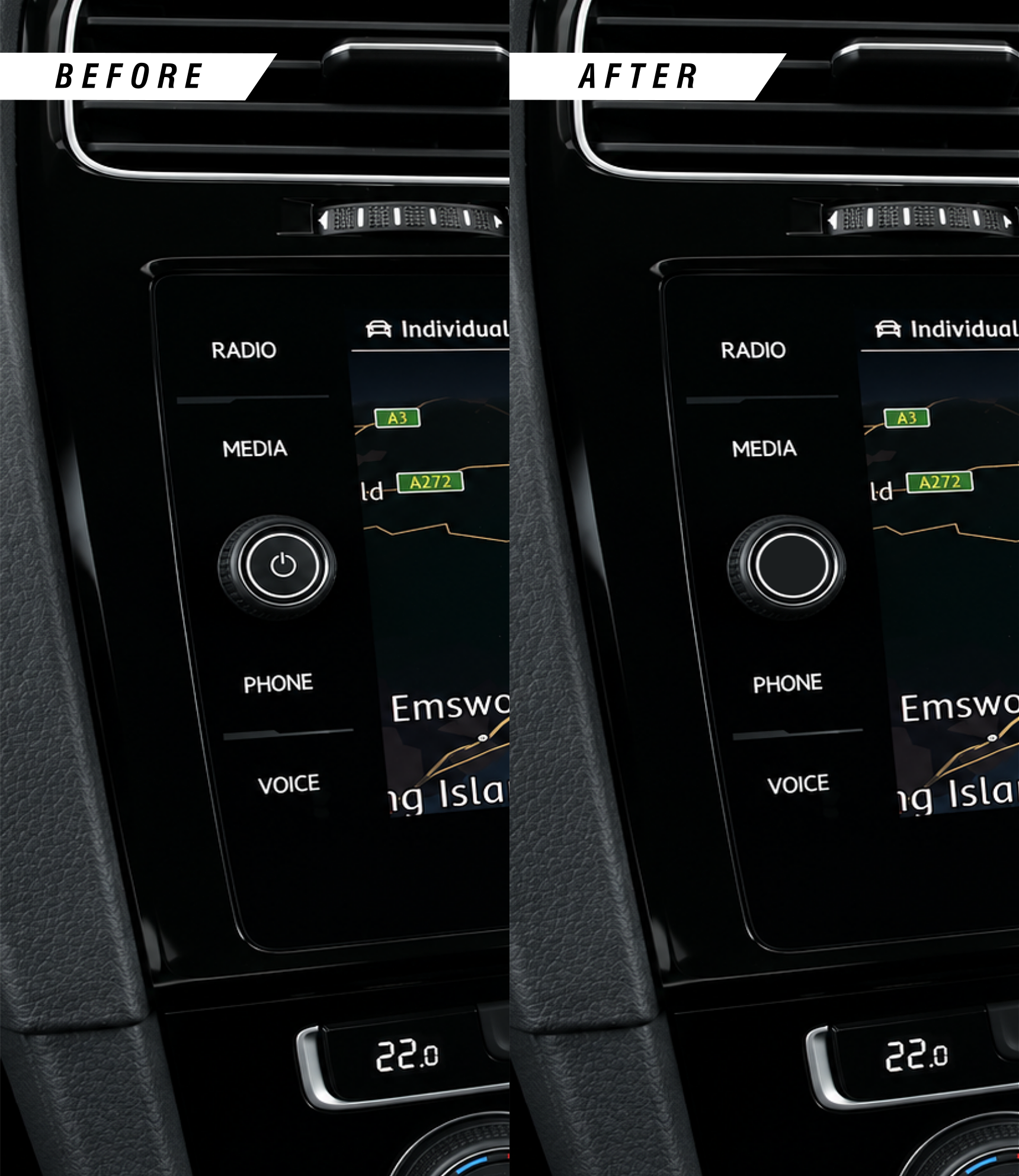 VW, Skoda & Seat media screen power button removal overlay sticker before & after.