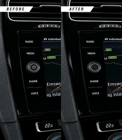 VW, Skoda & Seat media screen power button removal overlay sticker before & after.