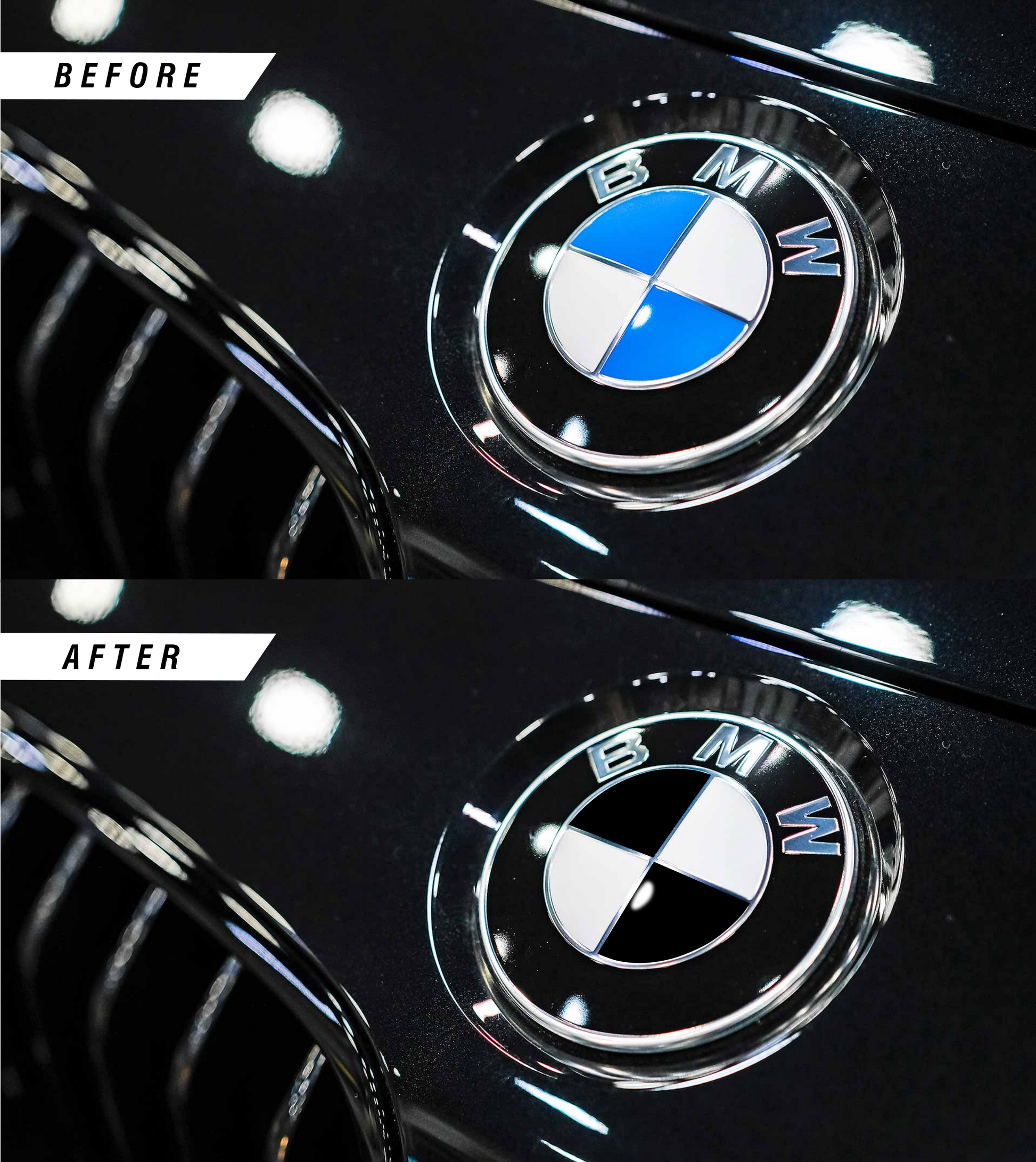 Before and after installation of the BMW Gloss Black Badge Overlays