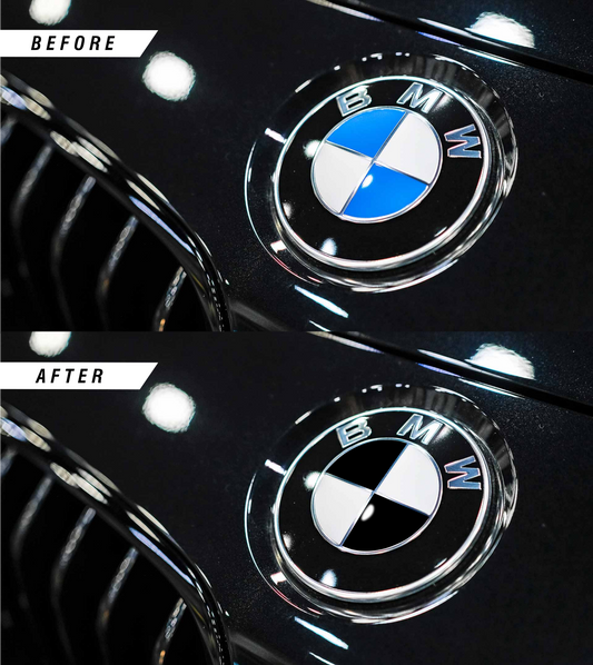 Before and after installation of the BMW Gloss Black Badge Overlays